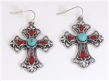 5030020 Turquoise & Coral Cross Christian Religious Earrings